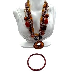 Vintage Multi-Layer Brown Beaded Necklace & Bangle Set  Boho Chic Amber N62